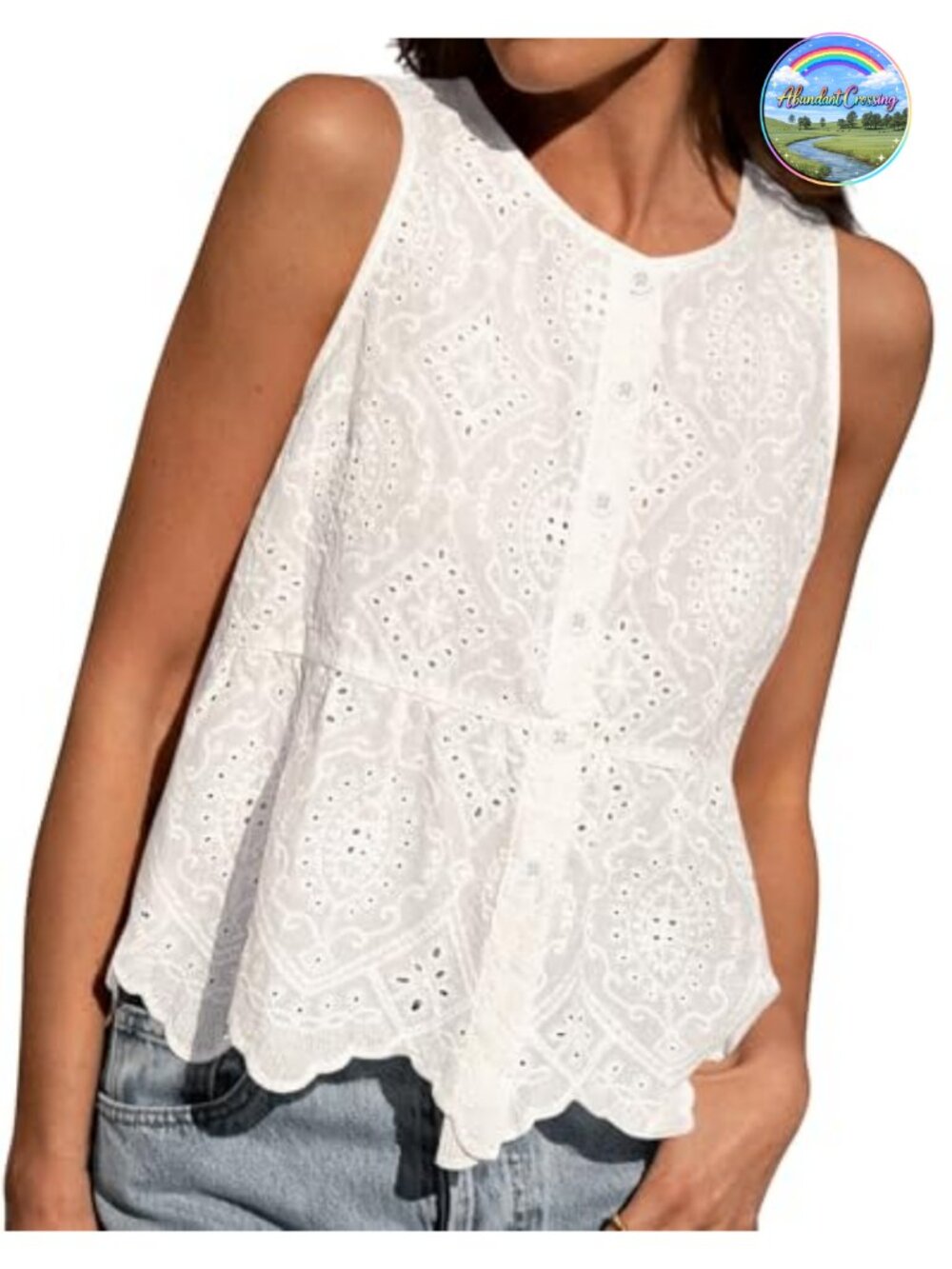 Womens Embroidered Eyelet Peplum Tank Top Sleeveless Cotton Button Down
